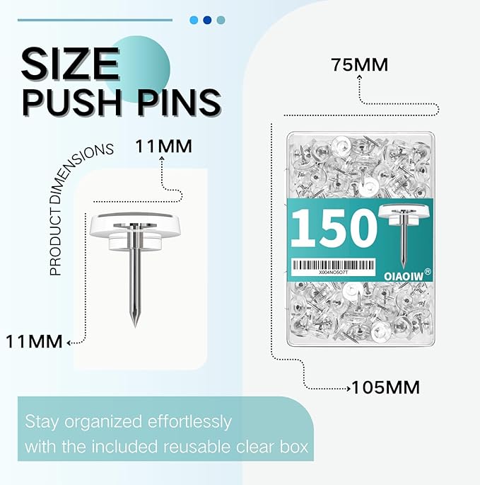 150 PCS Flat Clear Short Push Pins for Wall Thumb Tacks for Walls Flat thumbtacks Push pin for Bulletin Board Shadow Box Display Thumbtack for Cork Board-DeskLoop Office