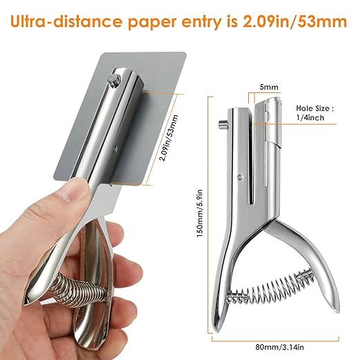 Hole Punch 2" Reach 1/4 inch Single Hole Punch,Heavy Duty Hole Puncher Single,Portable Hand Held Long Paper Punch for Paper Cards Plastic Cardboard (Silver) (1/4"-6mm Hole)-DeskLoop Office