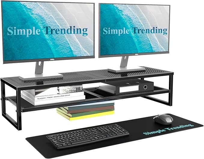 Simple Trending 2 Tier Metal Dual Monitor Stand Riser,Computer Office Desktop Organizer for 2 Monitors With 32"x10" Mouse Pad ,for Laptop,Printer,TV,Black-DeskLoop Office
