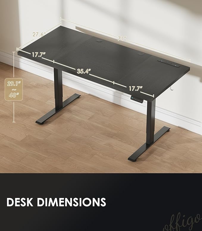 OffiGo Electric Standing Desk with 3-Piece Board, 71 Inch Height Adjustable Large Desk with Power Outlets, Sit Stand Table, Writing Computer Desk for Home, Office, Workstation, Black-DeskLoop Office