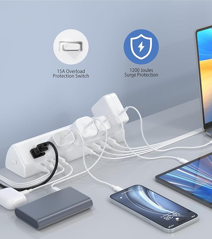 45W Fast Charging Station,Desk Clamp Power Strip,4 PD USB-C Ports,5 AC Outlets,Surge Protector Power Strip, 14AWG Heavy Duty Cord, Fits 1.9" Tabletop Edge (White, 20 FT Cable)-DeskLoop Office