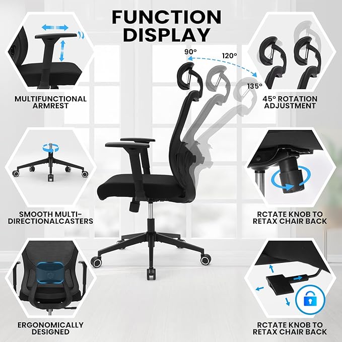 Ergonomic Office Mesh Chair, High Back Swivel Comfty Desk Chairs- 3D Armrest Adjustable Lumbar Support Capacity 400lbs and Headrest Wide for Home & Office, Bedroom (Black)-DeskLoop Office