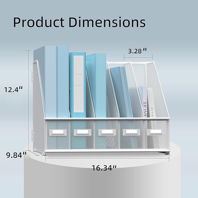 SUPEASY Desk Organizers Metal Desk Magazine File Holder with 5 Vertical Compartments Rack File Organizer for Office Desktop, Home Workspace, White-DeskLoop Office