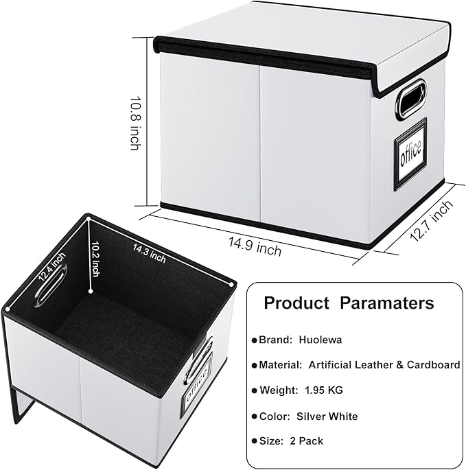 Huolewa Portable Leather File Organizer Boxes with Lids, Collapsible File Folder Organizer Boxes, Decorative Small Filing File Cabinet for Home/Office, Easily Store Documents/Hanging File Folders-DeskLoop Office