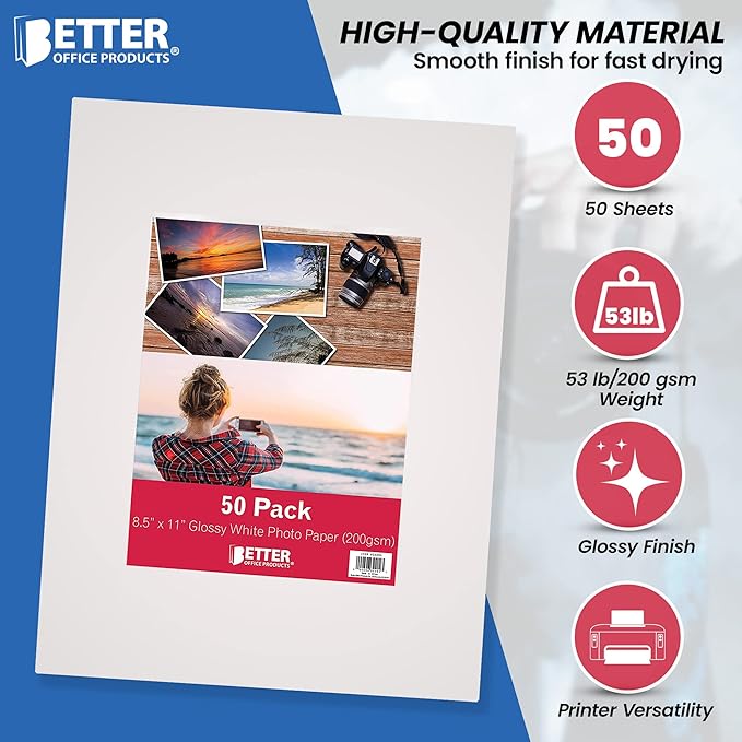 Better Office Products Glossy Photo Paper, 8.5 x 11 Inch, 50 Sheets, 200 gsm, Letter Size, 50-Count Pack-DeskLoop Office