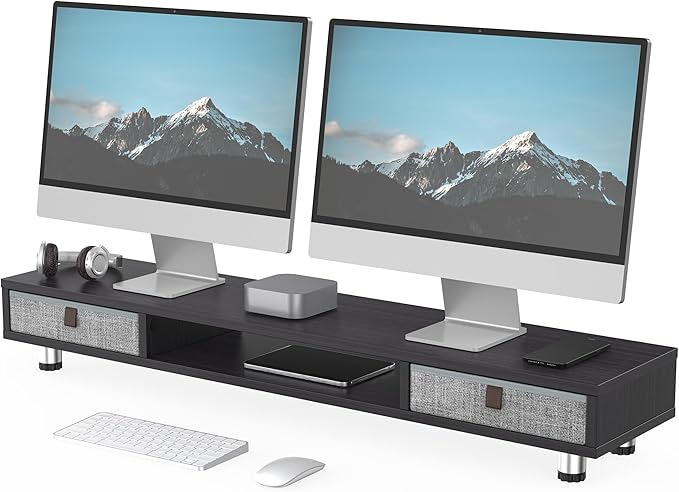 Fenge Dual Monitor Stand with 2 Drawers, 42.5 Inches Large Computer Riser for Desk, Adjustable Height Desk Shelf with Storage for Laptop, PC, TV, Printer-DeskLoop Office