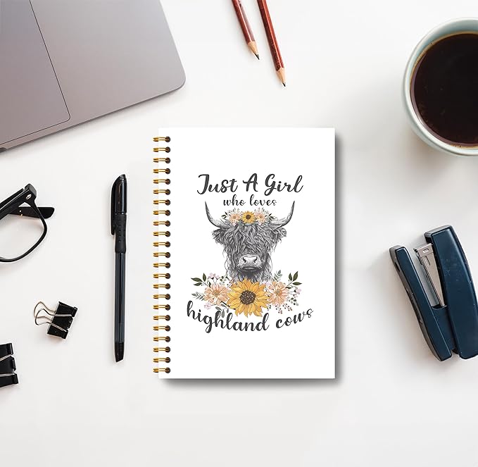 Highland Cow Notebook - Western Notebook, Cow Notebook, Highland Cow Office Supplies, Highland Cow Gifts, Cow Stuff, Just a Girl Who Loves Highland Cows Spiral Notebook 5.5x8.3-DeskLoop Office