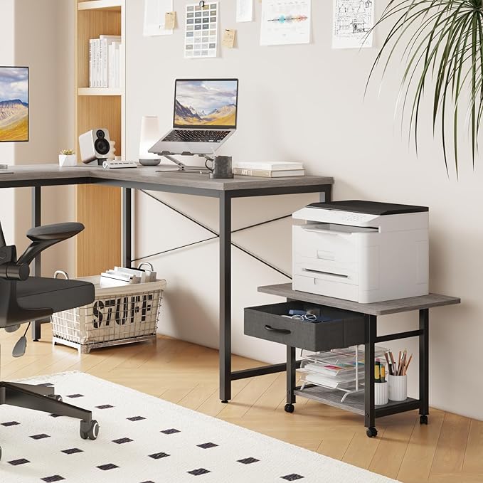 22"x15" Large Printer Stand with Storage Drawer, 2-Tier Under Desk Printer Table for Home Office, Printer Cart fit Fax Machine/3D Printer/Scanner(Gray)-DeskLoop Office