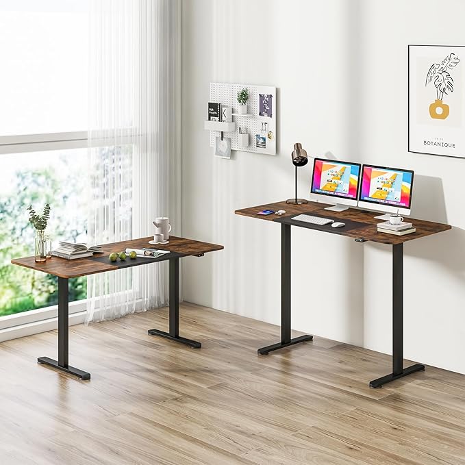 GOFLAME Height Adjustable Electric Standing Desk, 55 x 28 Inch Sit Stand Up Electric Desk with Metal Frame, Ergonomic Standing Workstation for Study, Office, Living Room, Brown-DeskLoop Office