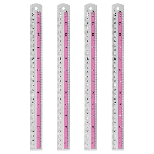 HARFINGTON 4pcs Metal Straight Ruler 30cm Metric SAE Aluminum Alloy Measuring Rulers Scale Tools with Hole for Measure Study Reading Classroom Office, Pink-DeskLoop Office