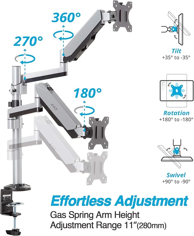 AVLT Dual 17"-32" Stacked Monitor Arm Desk Mount for 2 Flat or Curved Screens, Full Motion Height Adjustable with Swivel, Tilt, Rotation, Extra Tall, VESA, C-Clamp or Grommet Base-DeskLoop Office