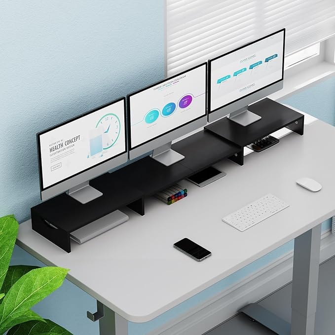 Triple Monitor Stand Riser, Extra Long Monitor Riser for 1~2~3 Monitors, Dual Monitor Stand with Length and Angle Adjustable, 3 Shelf Monitor Stand for Desk-DeskLoop Office