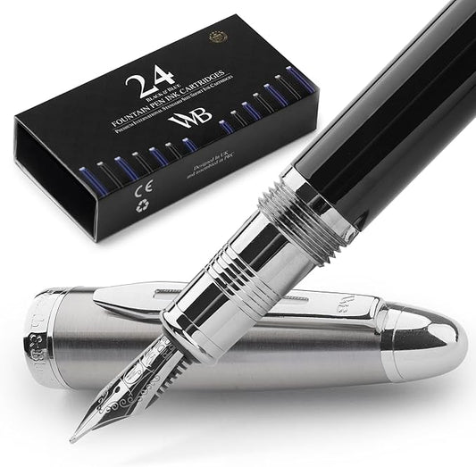 Wordsworth & Black Majesti Fountain Pen-(Black Chrome), Luxury Case, Stainless Steel; Medium Nib- Ink Cartridges, Refillable Ink Converter-Calligraphy Pen-Best Business Gift Set for Men & Women-DeskLoop Office