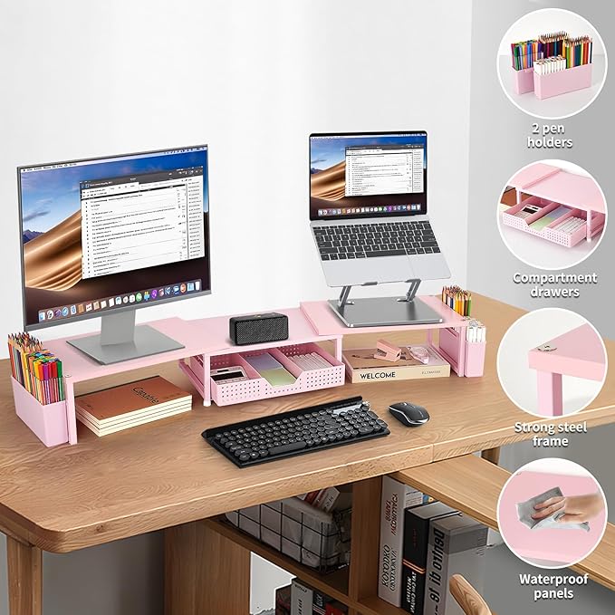 Desk Dual Monitor Stand Riser - Wood Desk Organizer with Drawer and Pen Holders, Office Desk Accessories & Workspace Organization, Computer Monitor Stand for Laptop Printer, Girl Pink-DeskLoop Office