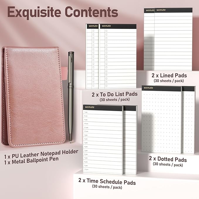 WEMATE 10 Pieces Small Notepad Holder Set Pocket Notebook - Included Mini Pocket Notepad Holder Set with 8 Memo Book Refills and Metal Pen for Meetings, Daily Records, and Notes 3 x 5 Inch (Rose Gold)-DeskLoop Office
