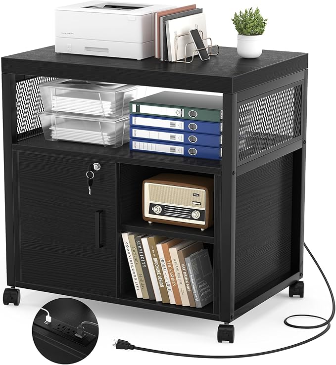 Unikito Lateral File Cabinet, Locking Office Filing Cabinets with Socket and USB Charging Port, Modern Rolling Printer Stand with Storage for A4, Letter Size and File Folders, Black-DeskLoop Office