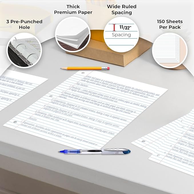 Loose Leaf Paper, 450 Sheets, 3 Pack, 56 gsm Wide Ruled Sheets, 8" x 10.5", Bulk Notebook Paper, 3 Hole Punched, 150 Sheets/Pack, Wide Ruled Paper for Binders, Loose Leaf Office Paper, White-DeskLoop Office