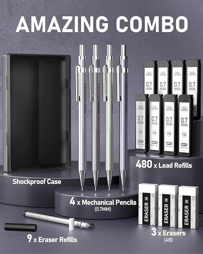 Four Candies 0.7mm Mechanical Pencil Set with Case - 4PCS Metal Mechanical Pencils, 8 Tubes HB #2 Lead Refills, 3PCS 4B Erasers and 9PCS Eraser Refills, Lead Mechanical Pencils for Writing & Drawing-DeskLoop Office