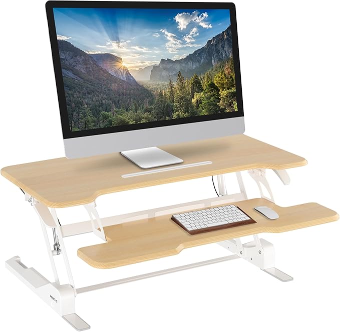 Mount-It! Height Adjustable Standing Desk Converter, 38” Wide, Desk Riser for 2 Monitors, Manual Gas Spring Sit Stand Desktop Raises to 16.9", Fits Two Monitor Screens with Keyboard Mouse Tray Maple-DeskLoop Office