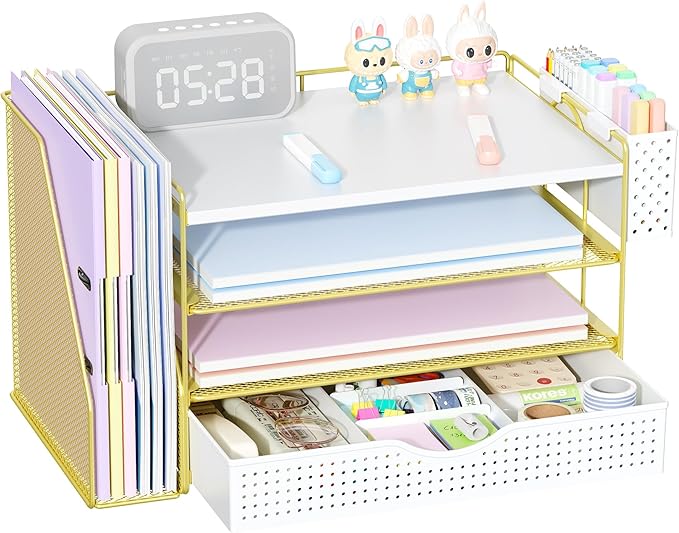 Wood Desk Organizers and Accessories with File Holder, 4-Tier Desk Accessories & Workspace Organizers with Drawer and Pen Holder, Paper Organizer for Office Supplies (Gold)-DeskLoop Office