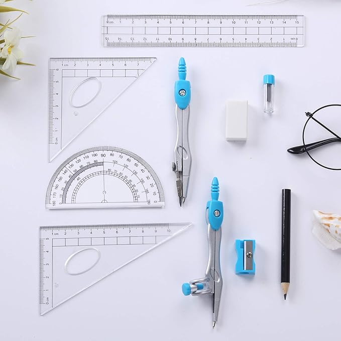 Math Geometry Kit Sets 10 Piece Student Supplies with Shatterproof Storage Box,Includes Rulers,Protractor,Compass,Eraser,Pencil Sharpener,Lead Refills,Pencil,for Drafting and Drawings(Blue)