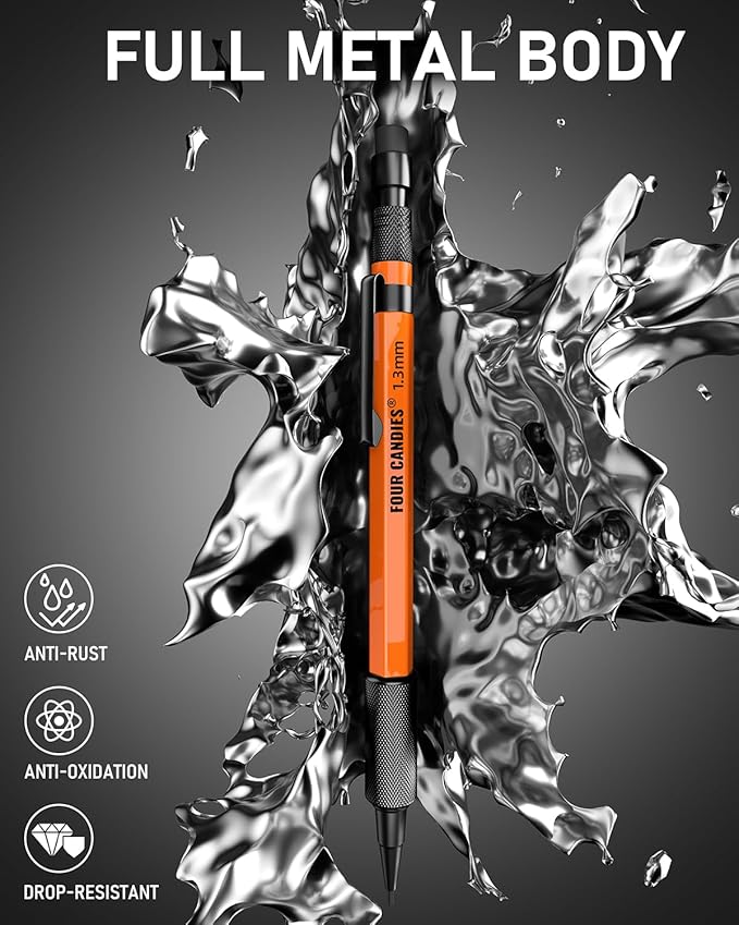 Four Candies 3PCS 1.3mm Mechanical Pencil Set with Case, Metal Heavy Duty Carpenter Pencils with 72 Refill(Red,Black,Yellow) 3Eraser, 16Eraser Refill, Weatherproof Body Outdoor Woodworking Marking-DeskLoop Office