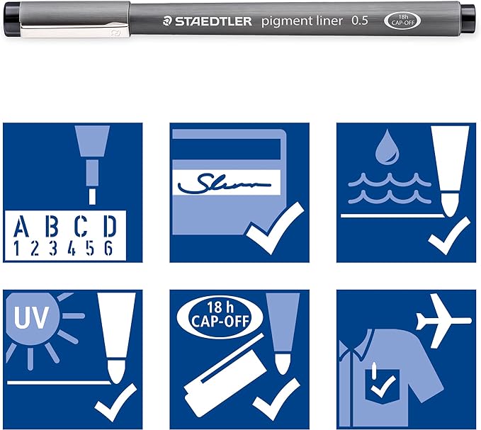 STAEDTLER Pigment Liner Pack, Black, 6 Pens, Assorted Line Widths, 0.05mm, 0.1mm, 0.2mm, 0.3mm, 0.5mm, 0.8mm-DeskLoop Office