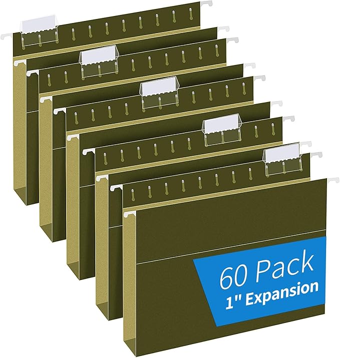 Extra Capacity Hanging File Folders, RAZCC 60 Pack Letter Size Reinforced Hanging Folders with Heavy Duty 1 Inch Expansion for Bulky Files, Filing Cabinet, Adjustable Tabs, Green-DeskLoop Office