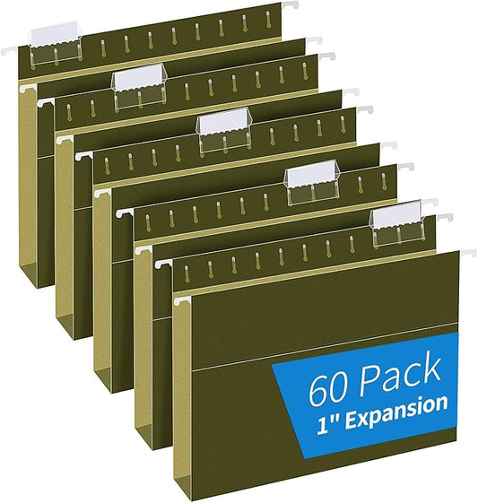 Extra Capacity Hanging File Folders, RAZCC 60 Pack Letter Size Reinforced Hanging Folders with Heavy Duty 1 Inch Expansion for Bulky Files, Filing Cabinet, Adjustable Tabs, Green-DeskLoop Office