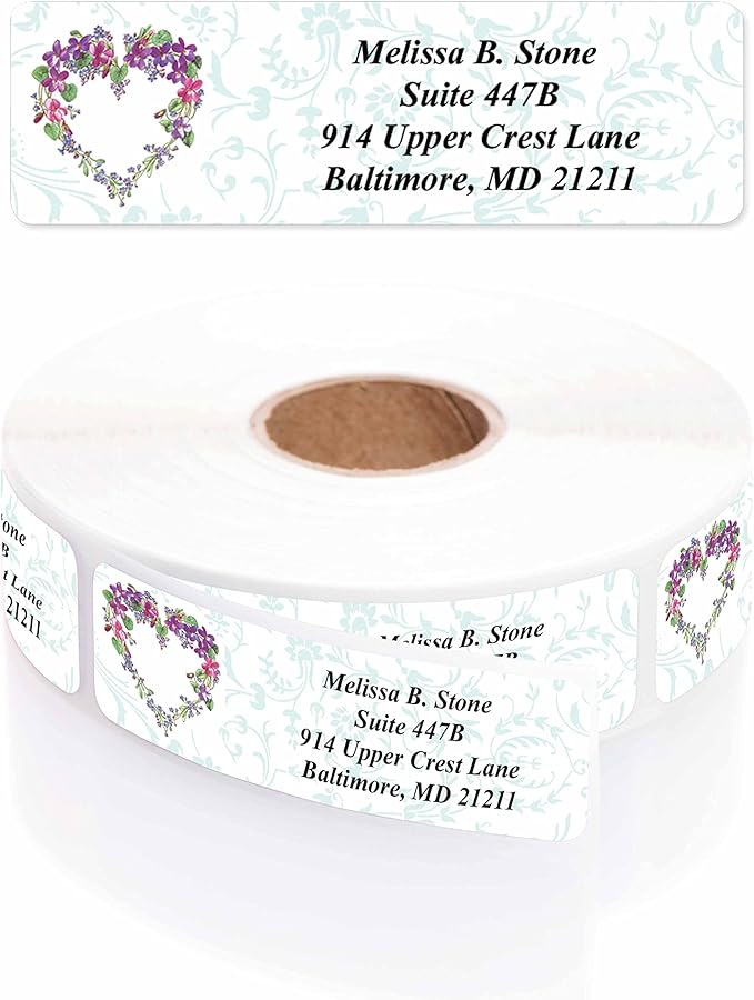 Floral Heart Wreath Rolled Address Labels with Elegant Plastic Dispenser-DeskLoop Office