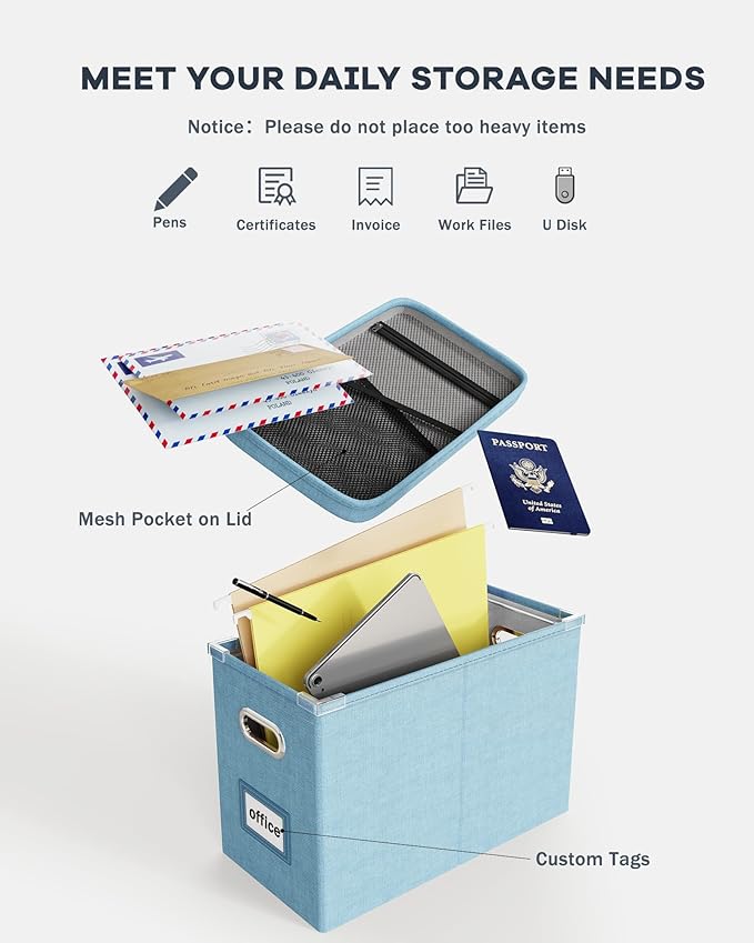 Oterri Portable Document Organizer with Lid, Hanging Storage Box with Mesh Pocket for Letter Files, Smooth Sliding Rail - Sky-blue (1 PCS)-DeskLoop Office