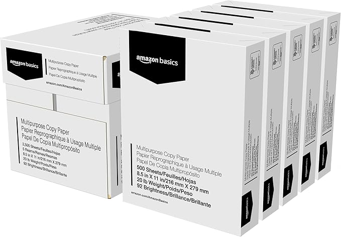 Amazon Basics Multipurpose Copy Printer Paper, 20 lb, 8.5 x 11 Inches, 5 Reams (2,500 Sheets), 92 Bright, White-DeskLoop Office