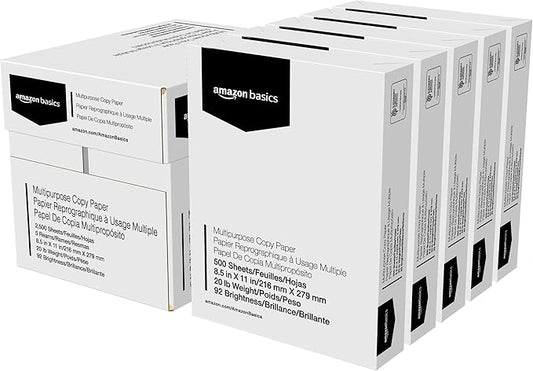 Amazon Basics Multipurpose Copy Printer Paper, 20 lb, 8.5 x 11 Inches, 5 Reams (2,500 Sheets), 92 Bright, White-DeskLoop Office
