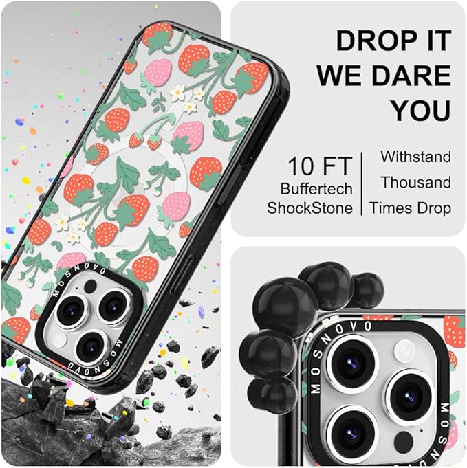 MOSNOVO Magnetic Case for iPhone 16 Pro, 10ft Military-Grade Protection, Compatible with Magsafe, Shockproof Phone Case for iPhone 16 Pro - Strawberry Garden - Clear Black-DeskLoop Office