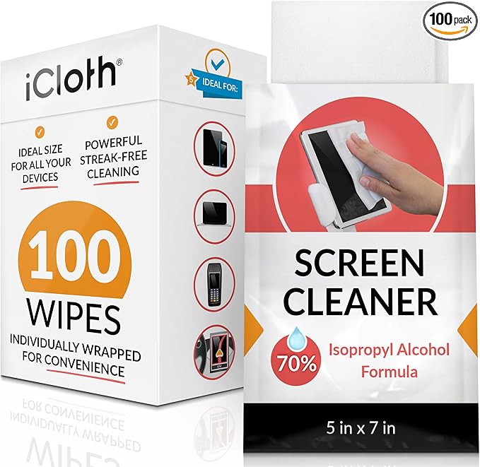 iCloth 70% Isopropyl Alcohol Large Screen and Electronics Wipes, Lint-Free, Streak-Free, Fast-Drying, Removes Dust and Fingerprints (100 Wipes)-DeskLoop Office