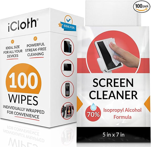 iCloth 70% Isopropyl Alcohol Large Screen and Electronics Wipes, Lint-Free, Streak-Free, Fast-Drying, Removes Dust and Fingerprints (100 Wipes)-DeskLoop Office