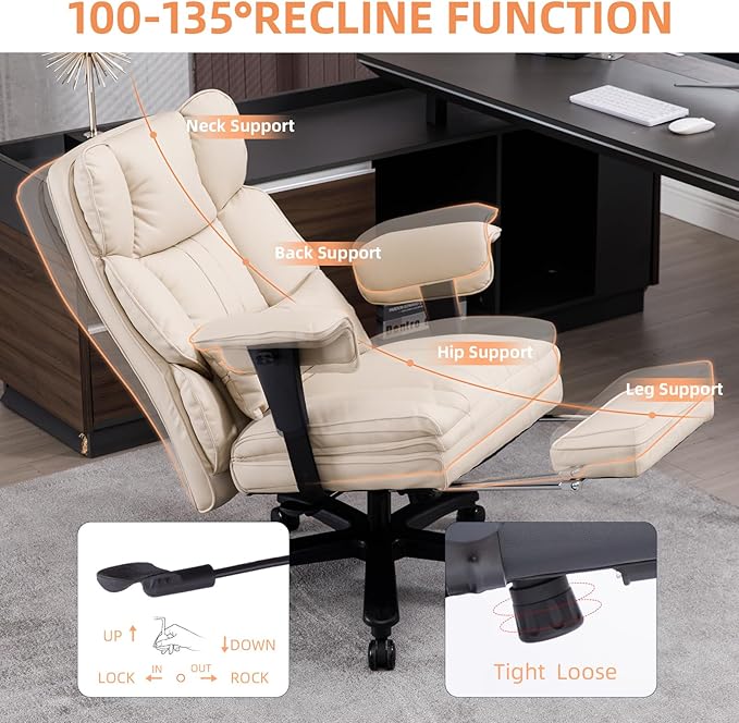 Big and Tall Office Chair 500lbs Wide Seat Executive Office Desk Chair High-Back Office Task Chair with Foot Rest, Ergonomic Lumbar Support Computer Office Chairs for Heavy People(Beige)-DeskLoop Office