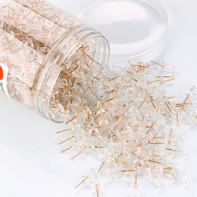 Yalis Push Pins 600 Count, Standard Rose Gold Pins Clear Thumb Tacks Steel Point and Clear Plastic Head (Rose Gold)-DeskLoop Office