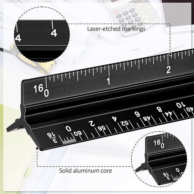 Fumete 12 Pack 6 Inch Architectural Engineering Scale Rulers Small Scale Ruler Pocket Size Scale Ruler Construction Rulers Imperial Measurements for Architects Engineering, Draftsman Drawing(Black)-DeskLoop Office