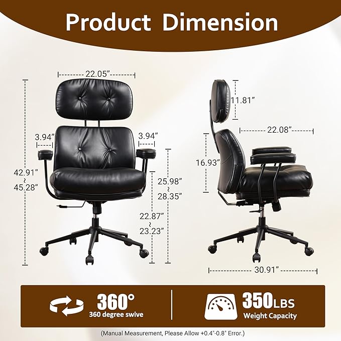 Faux Leather Executive Office Chair - Big and Tall Ergonomic Home Office Chair,Reclining Computer Desk Chair with Lumbar Support,Adjustable Task Chair Swivel Rolling PC Chair with Wheels,Black,PU-DeskLoop Office