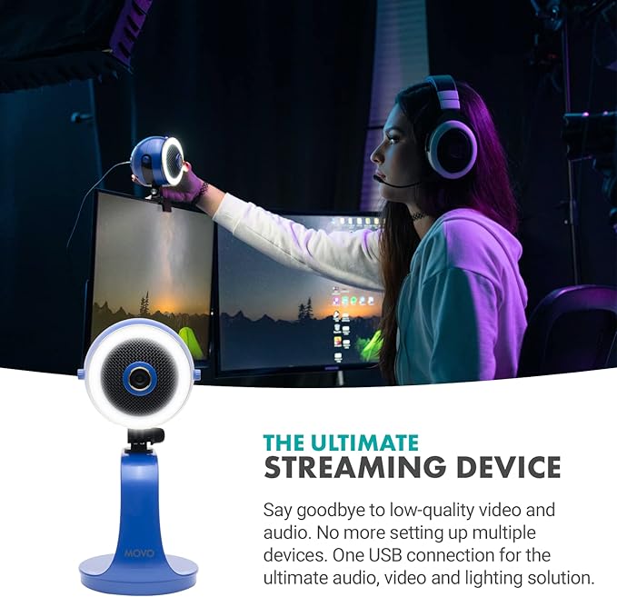 Movo WebMic HD Pro All-in-One Webcam with Mic and Ring Light in Royal Blue- 1080p HD Camera, Pro Cardioid Condenser Microphone, LED Ring Light - HD Webcam for Streaming, Video Calls, Recording, Gaming-DeskLoop Office