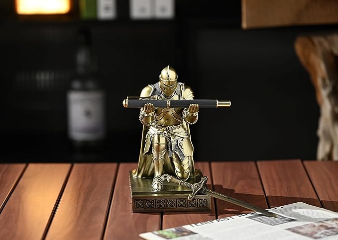Medieval Armored Warrior Wearing Outerwear, Mobile Phone Stand Knight Pen Holder Desk Organizers, Resin Bookends Paperweight with a Letter Opener for Desk (Bronze)-DeskLoop Office
