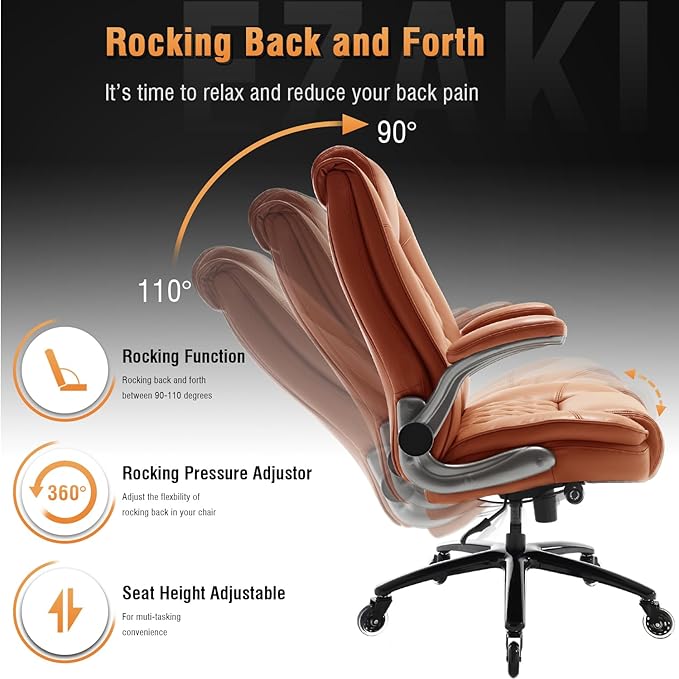 EZAKI High Back Office Chair-Flip-up Arms Executive Computer Desk Chair, Built-in Lumbar Support Thick Padded Adjustable Rock Tension Ergonomic Design for Back Pain-DeskLoop Office