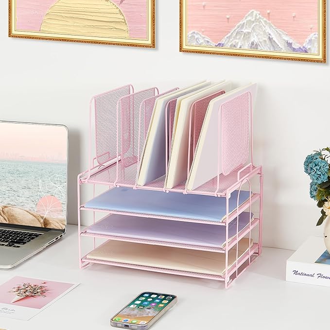 Paper Desk Organizer, 3-Tier Letter Tray with 5 Vertical File Holders, Multifunction Desktop Folder Organizers and Accessories for Home Office(Pink), LK-3CB-DeskLoop Office