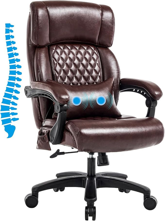 Lumbar Massage Office Chair, 500LBS Big and Tall Office Chair, Heavy Duty Ergonomic Executive Reclining Chair with High Back and Lumbar Support, Brown-DeskLoop Office