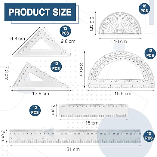Tenare 72 Pcs Plastic Clear Math Set Includes Protractor Triangle Rulers 12 Inch 6 Inch Straight Geometry Math Transparent Ruler Measuring Tool for School Office Home Supplies-DeskLoop Office