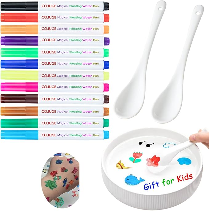 Magical Drawing Pens for Kids Water, Kiddies Create Magical Floating Drawings Bundle, 12 Colors Magic Water Painting Marker Set with 2 Spoons, Water Art Pen Kit for DIY Tattoo, Gifts for Boys & Girls-DeskLoop Office