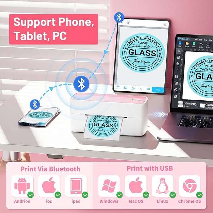 Phomemo Thermal Shipping Label Printer, 241BT Label Printer for Shipping Packages & Small Business, Pink 4x6 Bluetooth Label Printers Compatible with Android iOS Windows, Amazon, Ebay,UPS, Shopify-DeskLoop Office