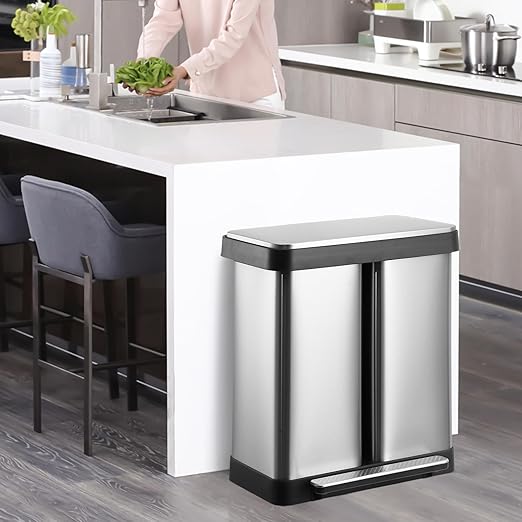 16 Gallon Dual Trash Can, 2 X 30 L Stainless Steel Two Compartment Garbage Can with Soft-Close Lid, Recycle Bin with 2 Removable Inner Buckets and Foot Pedal for Kitchen Home Office-DeskLoop Office