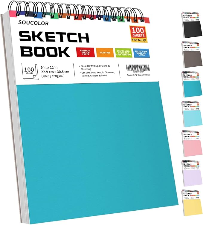 Soucolor School Supplies 9" x 12" Sketch Book for High College Teacher Student, 1-Pack 100 Sheets Spiral Bound Art Sketchbook, Acid Free (68lb/100gsm) Artist Blank Book for Kids, Back to School Stuff-DeskLoop Office